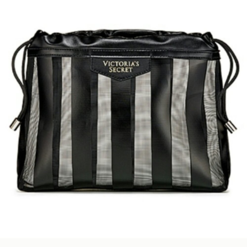 NWT VICTORIA'S SECRET LEGACY BLACK STRIPE MESH BEAUTY POUCH BAG DRAWSTRING